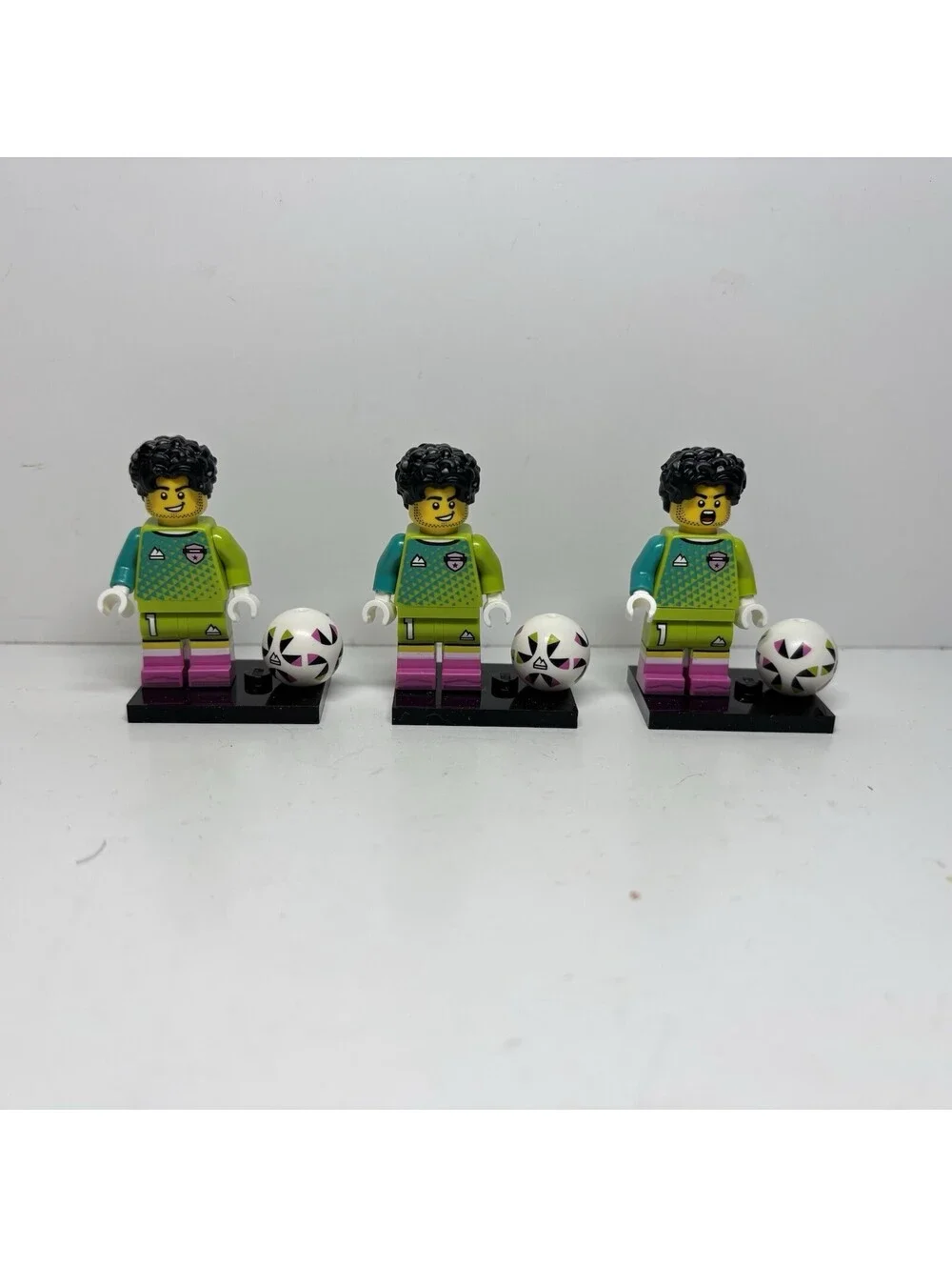 LEGO Soccer Goalkeeper Minifigures Lot of 3 Green Jersey #1 With Footballs